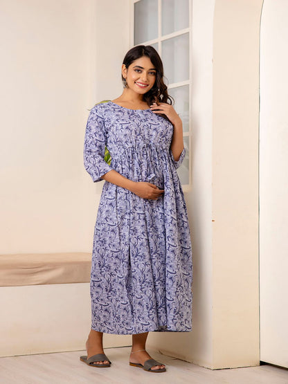 Grey Printed Flared Maternity Dress