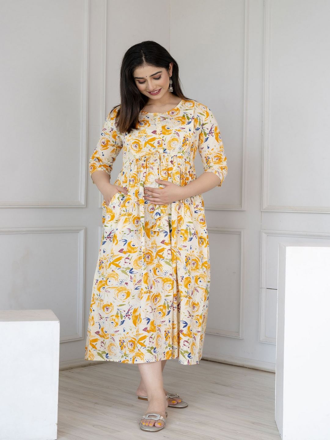 Off White Printed Flared Maternity Dress