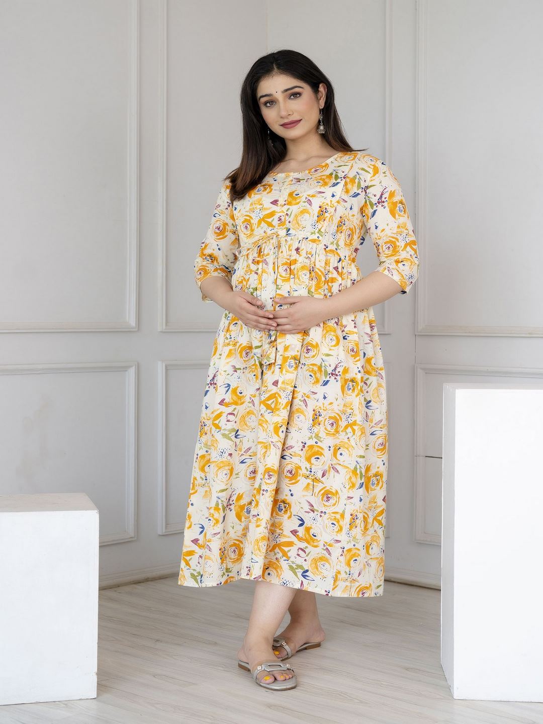 Off White Printed Flared Maternity Dress