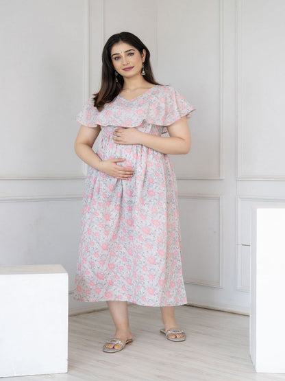 Grey Printed Flared Maternity Dress
