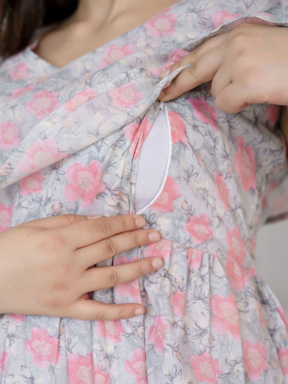 Grey Printed Flared Maternity Dress