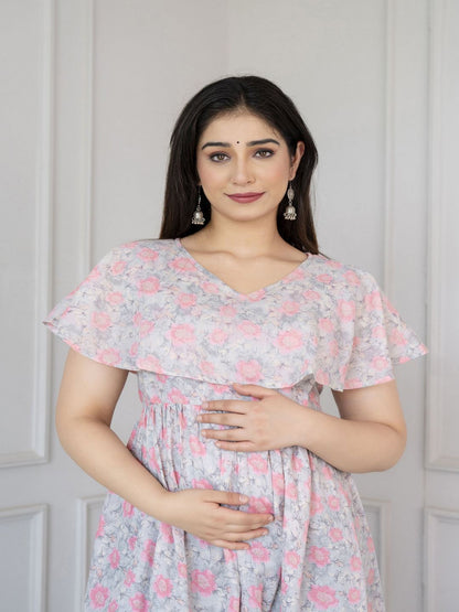 Grey Printed Flared Maternity Dress