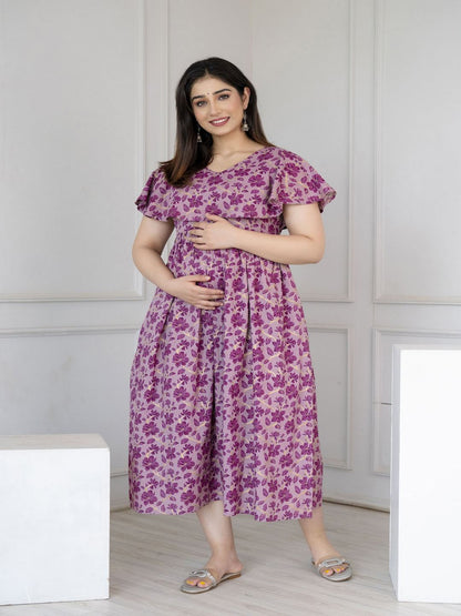 Purple Printed Flared Maternity Dress