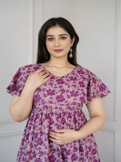 Purple Printed Flared Maternity Dress