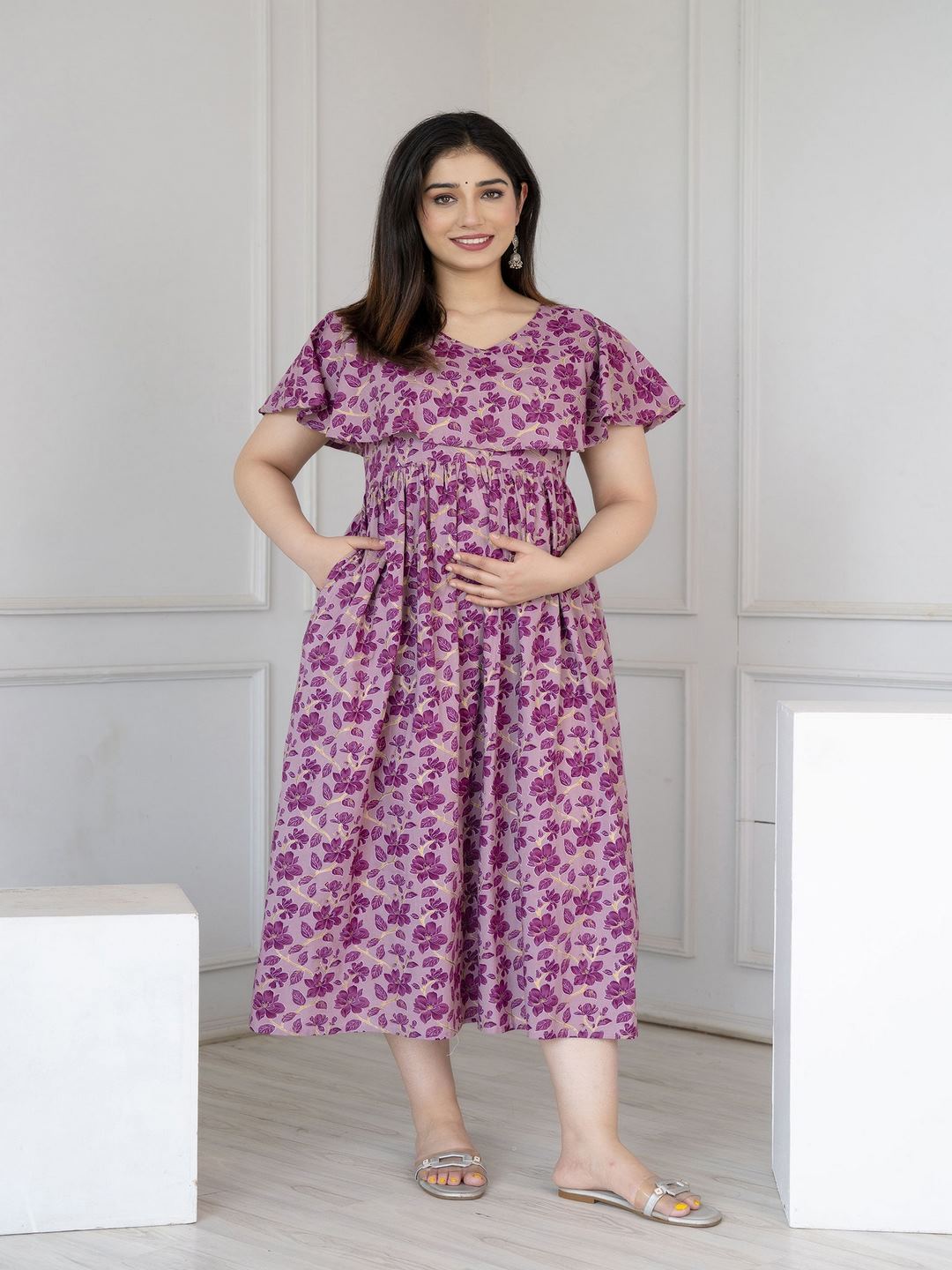 Purple Printed Flared Maternity Dress