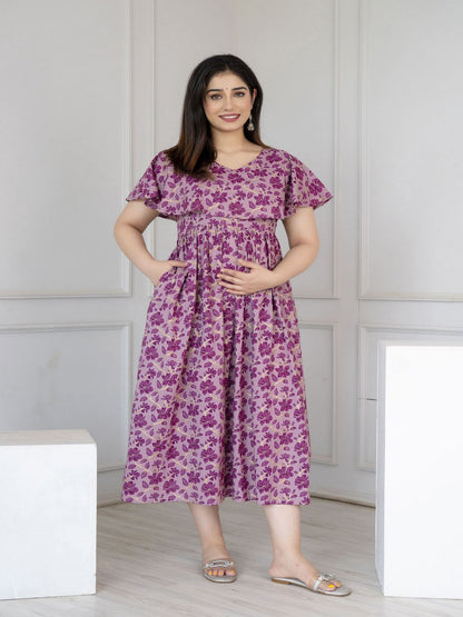 Purple Printed Flared Maternity Dress