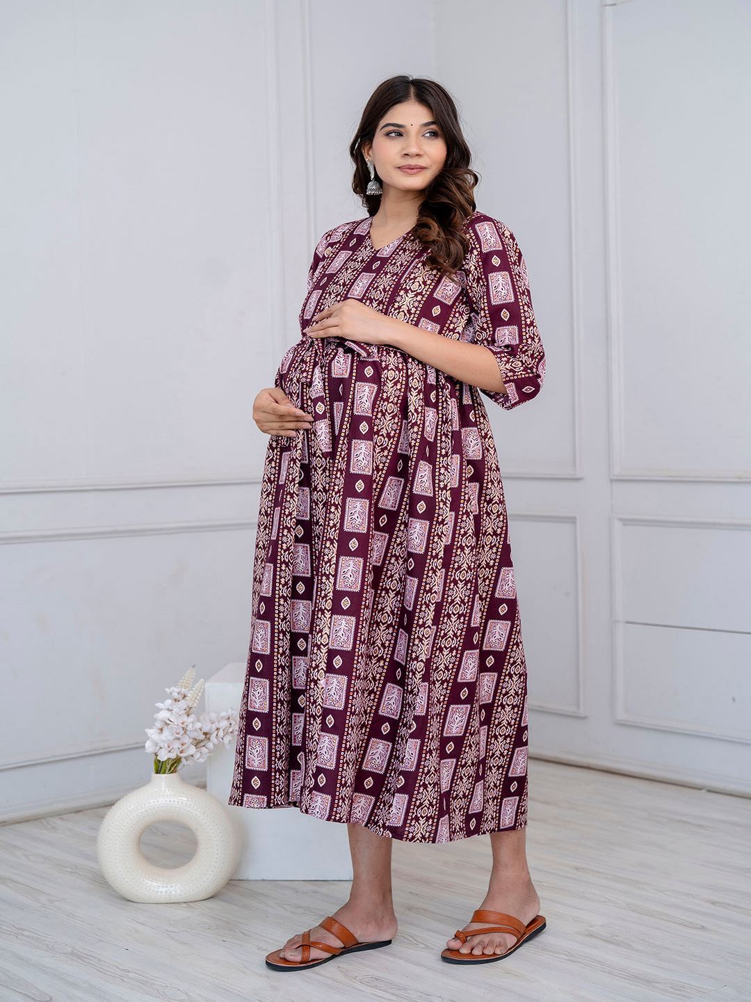 Burgundy Printed Maternity Dress