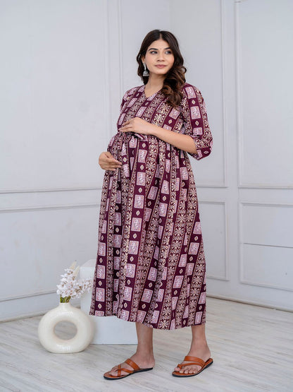 Burgundy Printed Maternity Dress