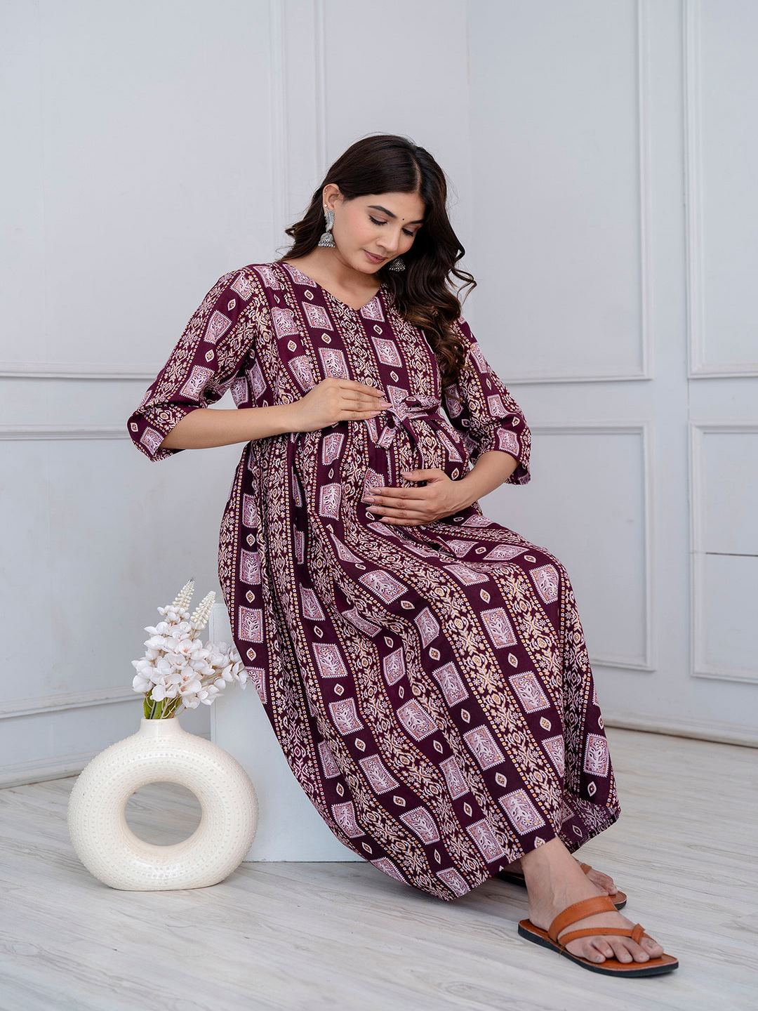 Burgundy Printed Maternity Dress