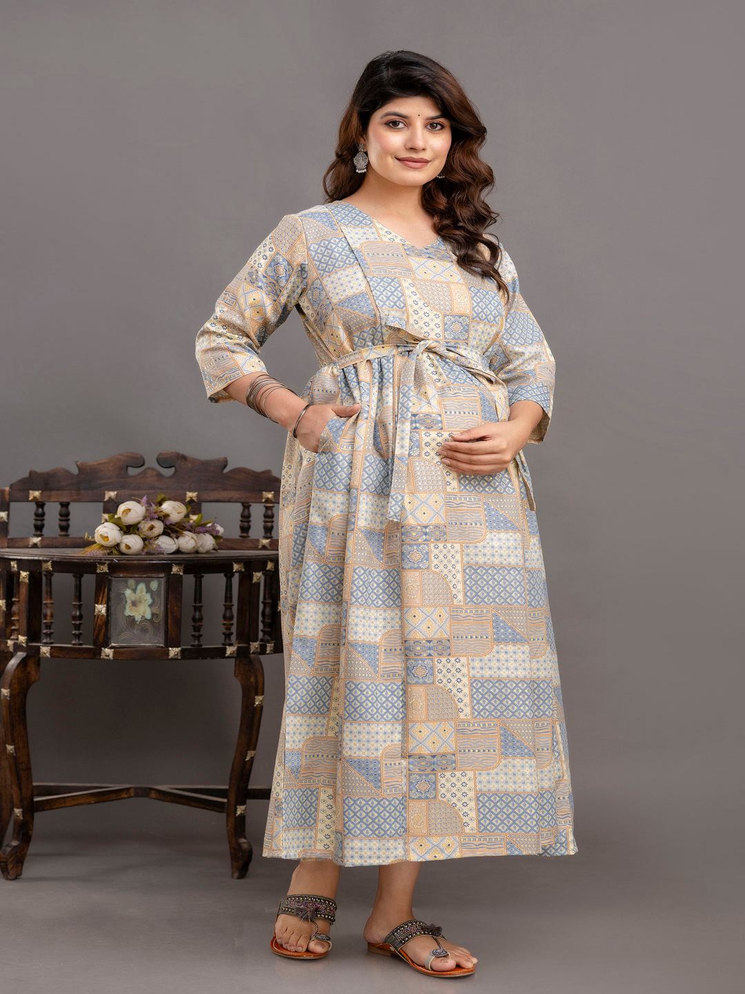 Blue Printed Maternity Dress