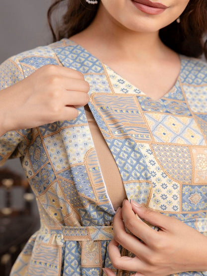 Blue Printed Maternity Dress