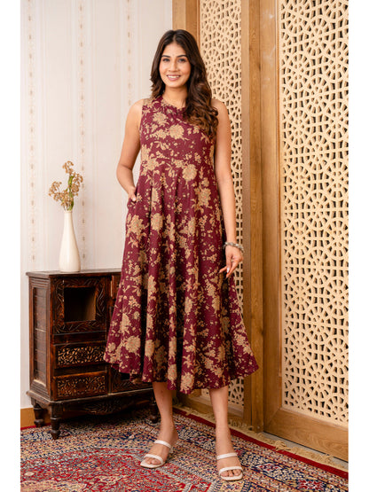 Burgundy Ethnic Printed Flared Sleeveless Dress