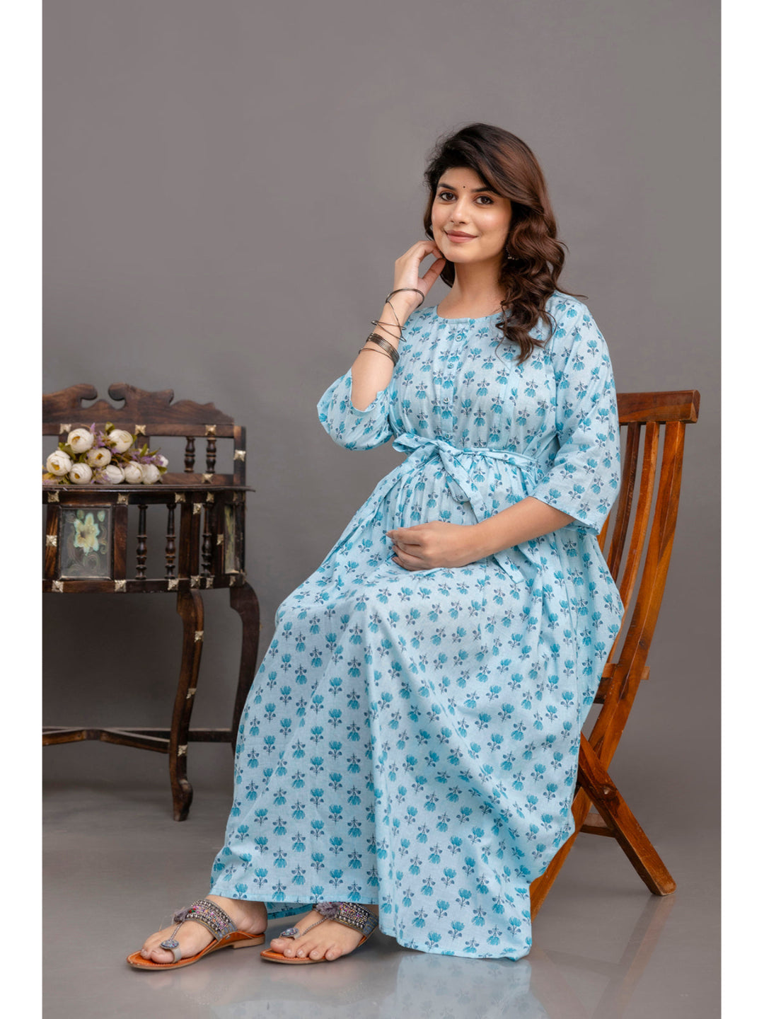 Blue Printed Maternity Dress