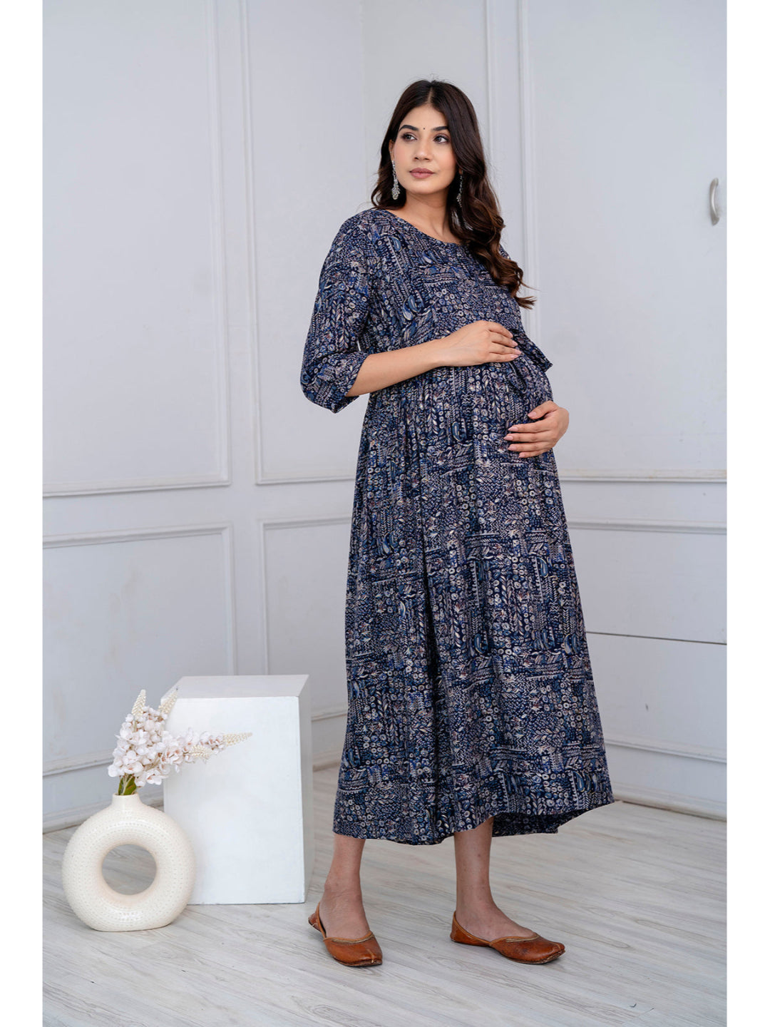 Navy Blue Abstract Printed Maternity Dress