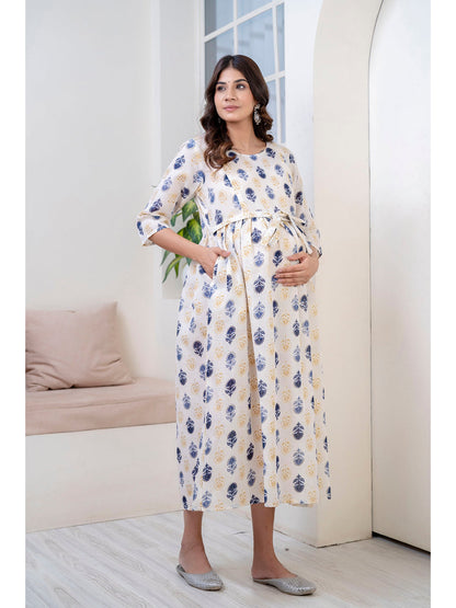 Off White Printed Flared Maternity Dress