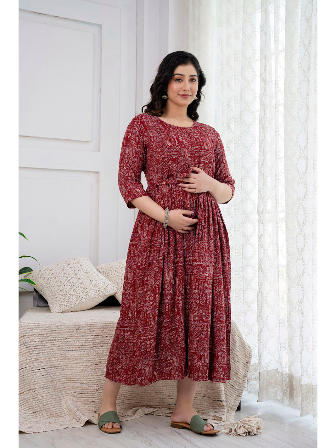 Navy Maroon Abstract Printed Maternity Dress