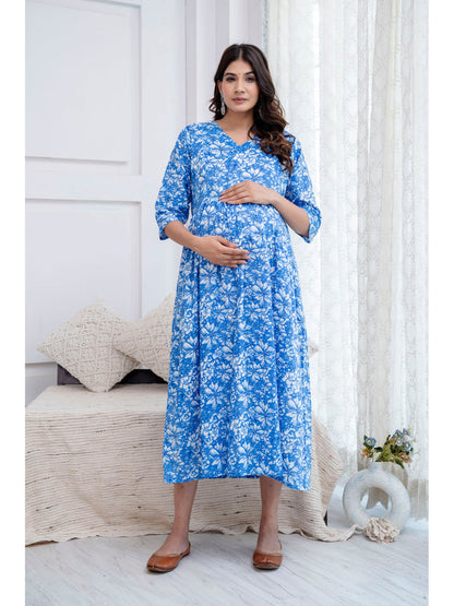 Blue Printed Maternity Dress