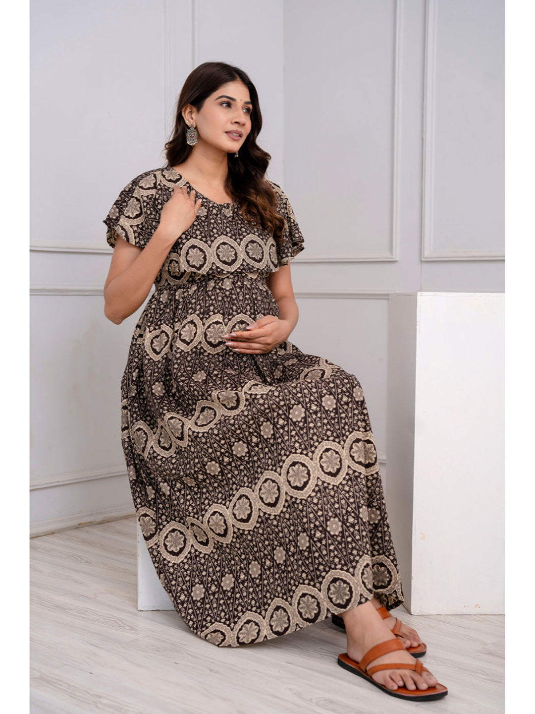Brown Printed Maternity Dress