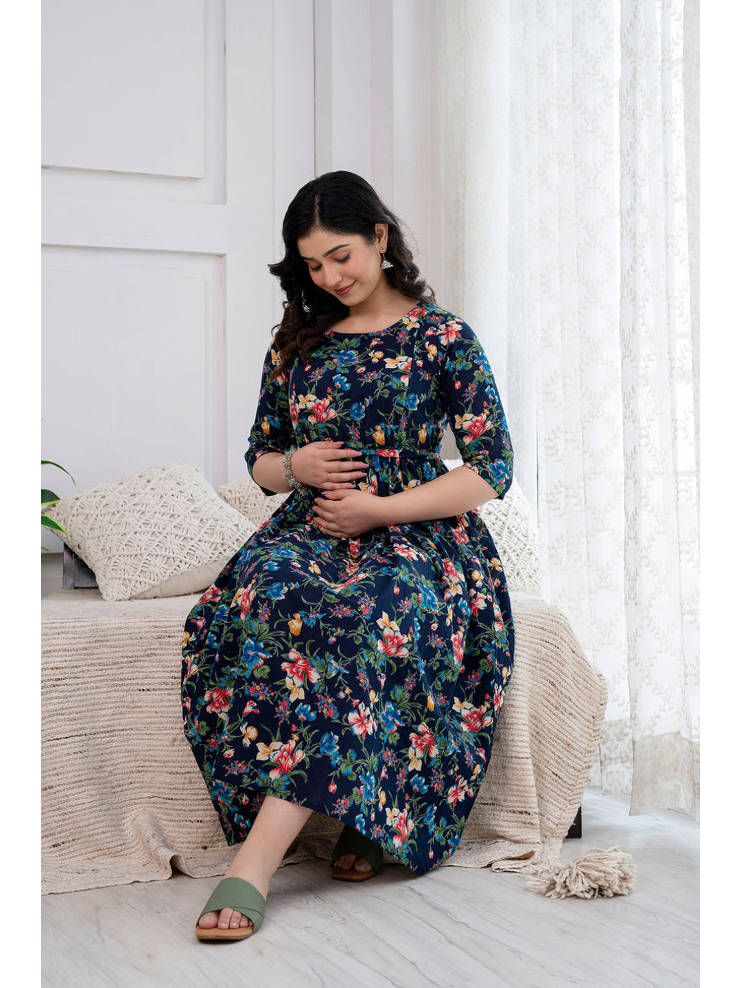 Navy Blue Printed Maternity Dress