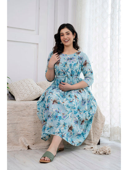 Blue Printed Maternity Dress