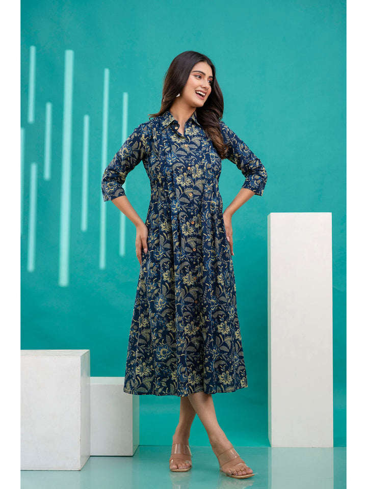 Blue Printed Flared Dress With Three Quarter Sleeves