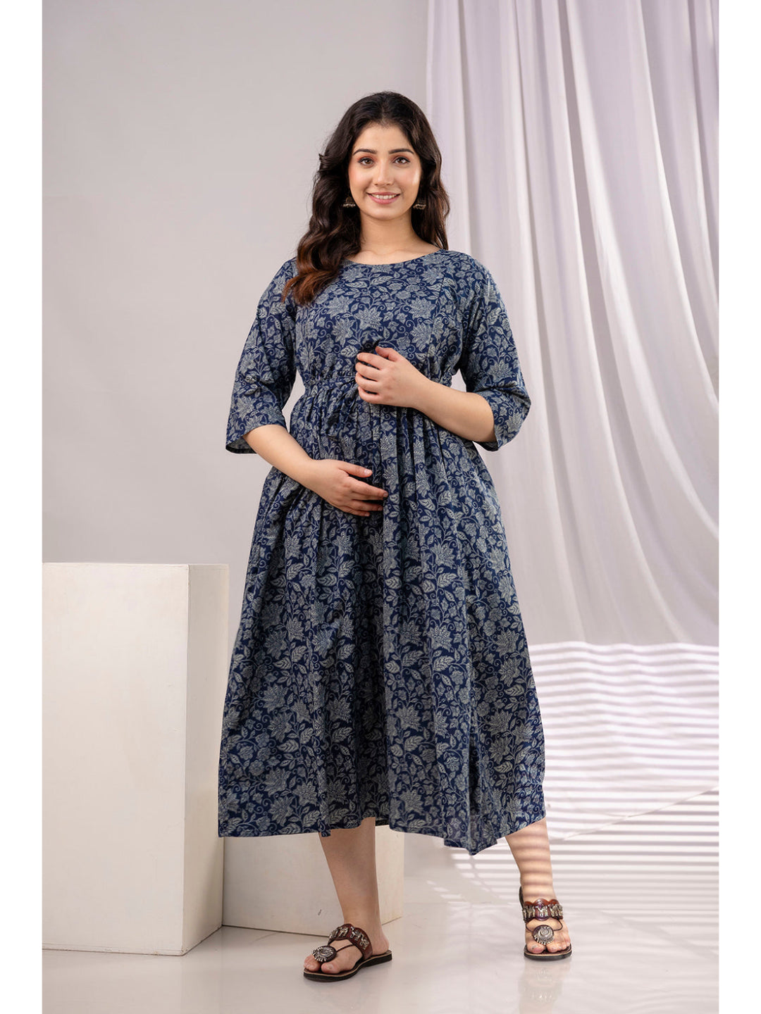 Navy Blue Printed Maternity Dress