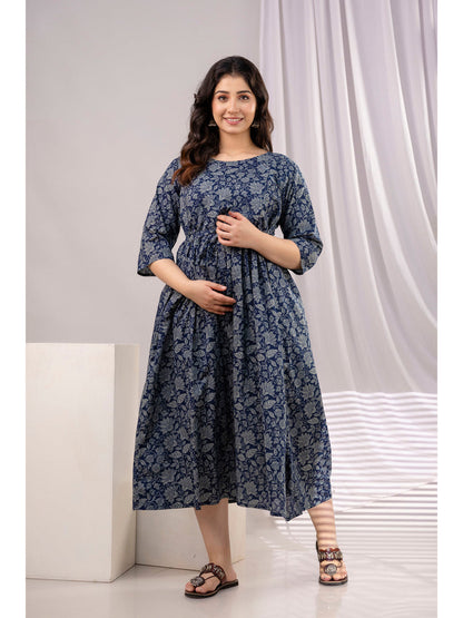 Navy Blue Printed Maternity Dress