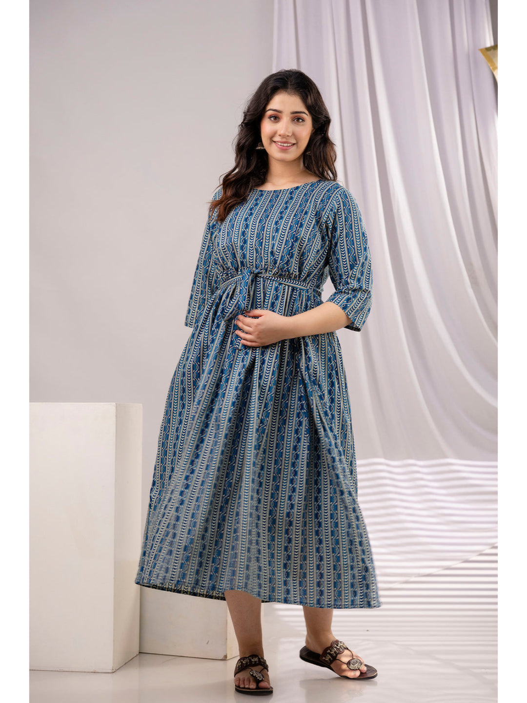 Navy Blue Printed Maternity Dress