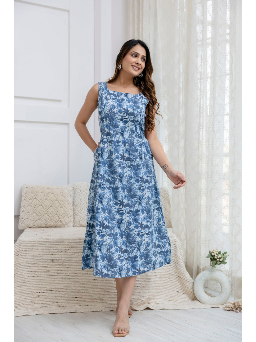 Blue Abstract Printed Flared Dress
