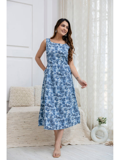 Blue Abstract Printed Flared Dress