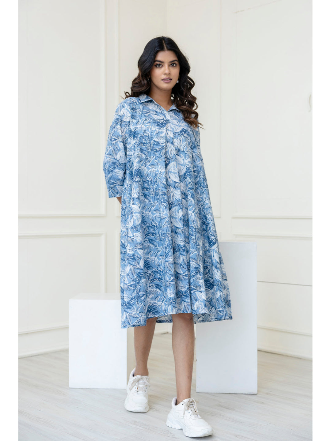 Blue Printed Flared Midi Dress