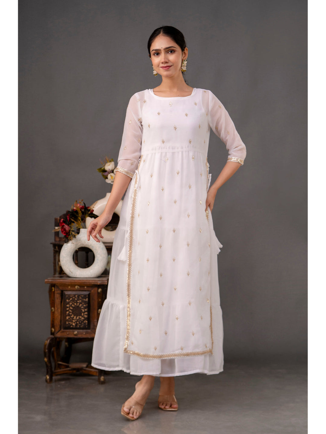White Embroidered Flared Dress with Jacket