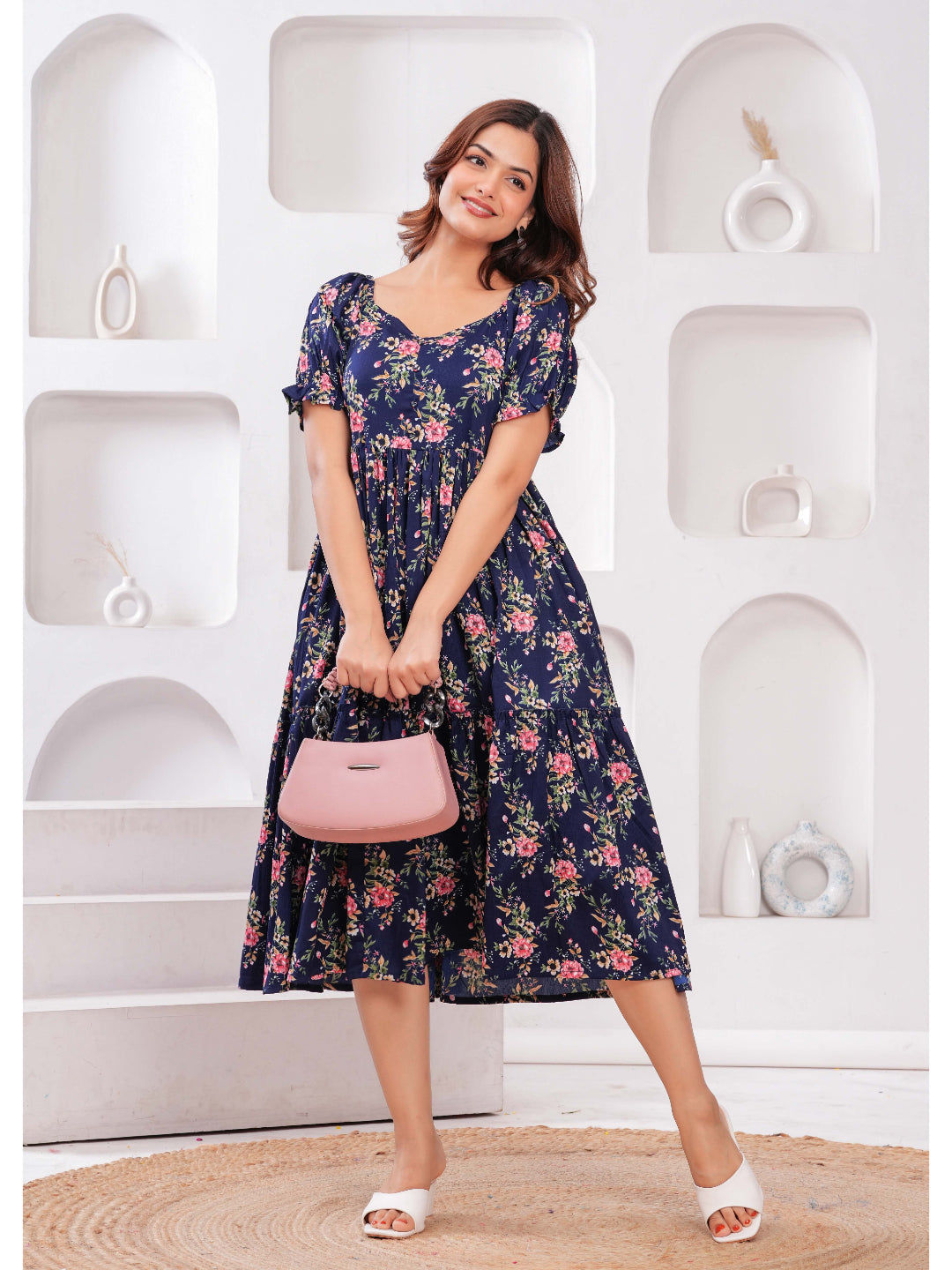 Navy Blue Ethnic Printed Flared Dress