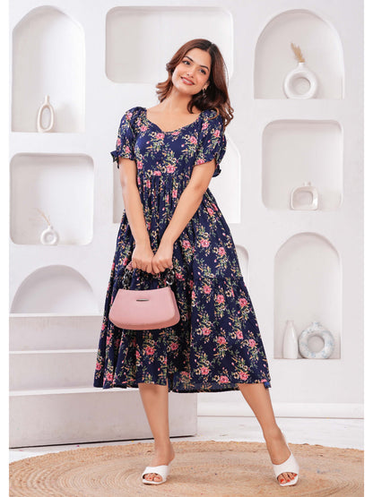 Navy Blue Ethnic Printed Flared Dress