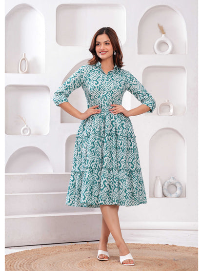 Turquoise Blue Ethnic Printed Flared Dress for Women