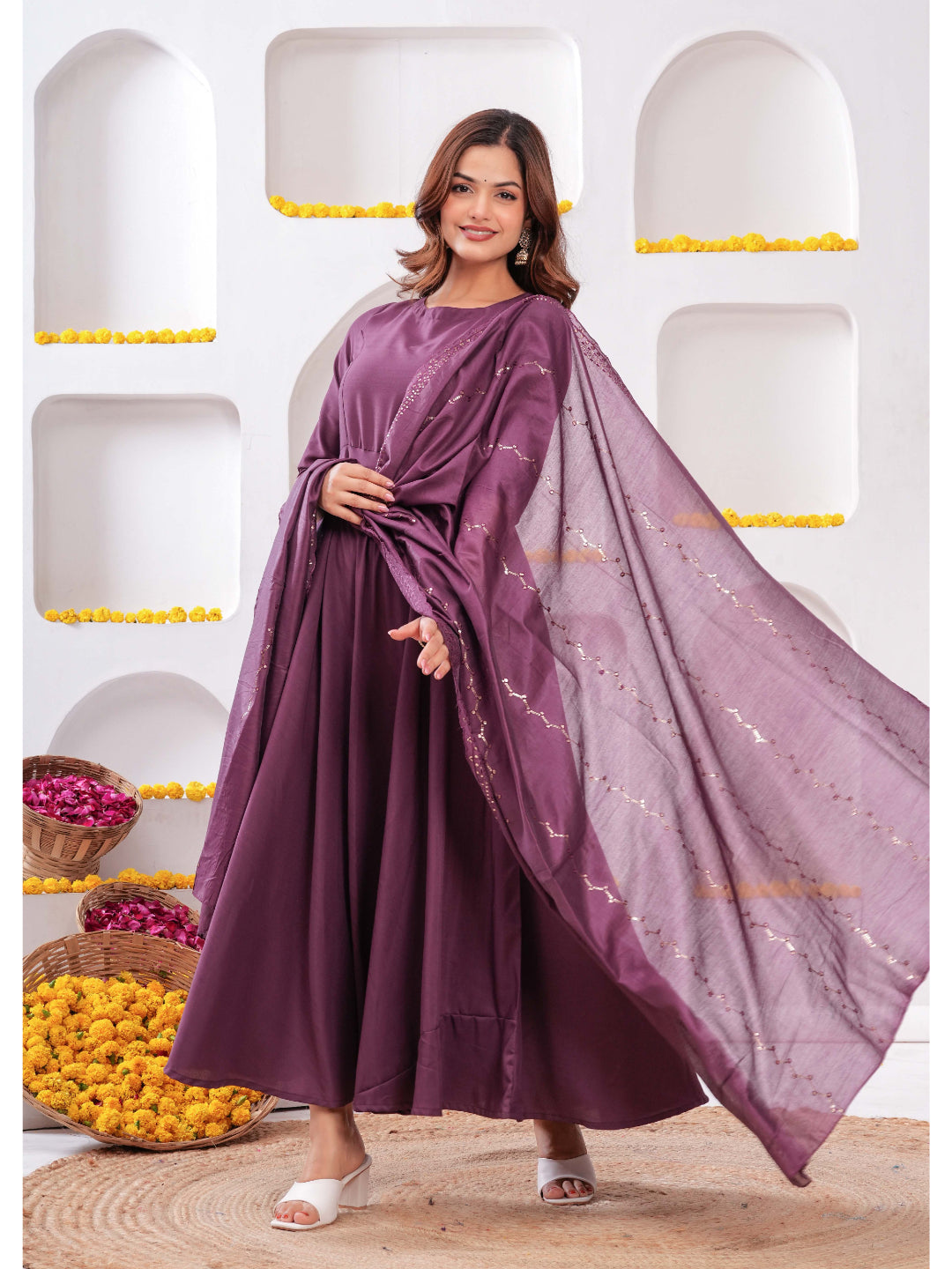 Purple Flared Dress with Dupatta