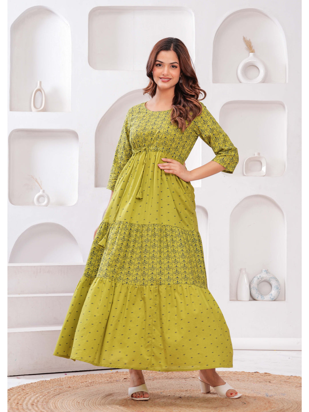 Green Ethnic Printed Flared Dress for Women