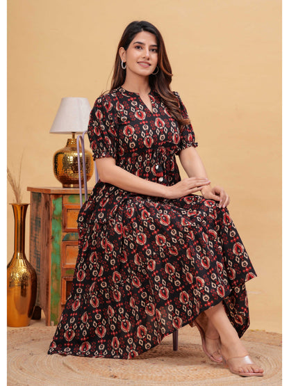 Black Abstract Printed Flared Dress