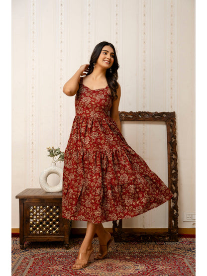 Maroon Floral Printed Flared Dress