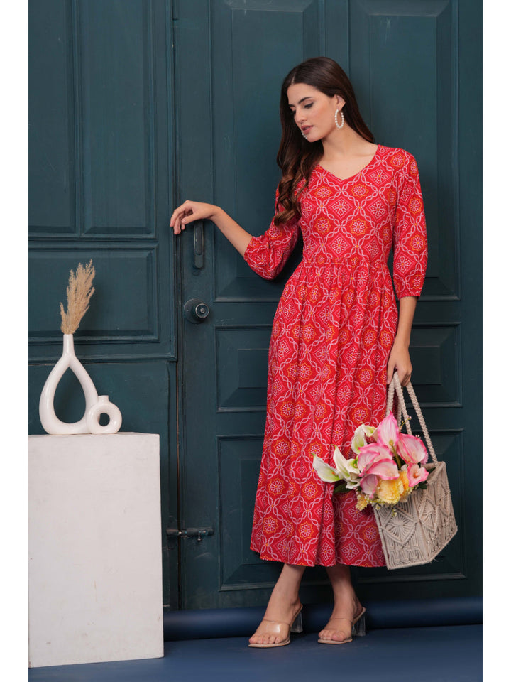Red Bandhani Printed Flared Dress