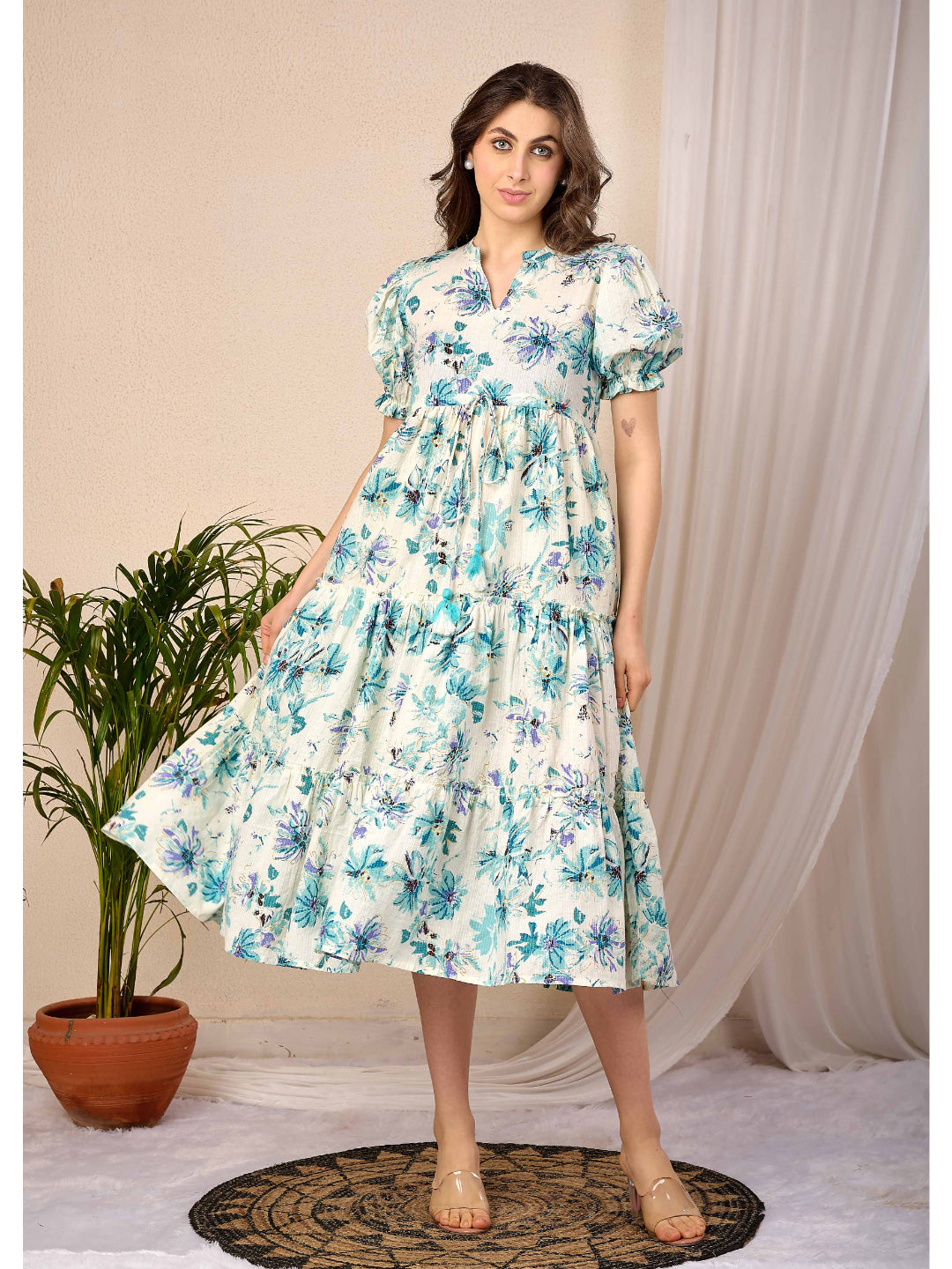 Off White Floral Printed Flared Dress
