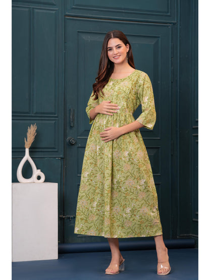 Green Printed Flared Maternity Dress