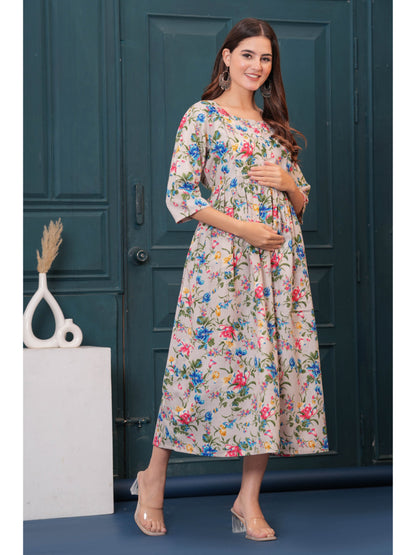 Beige Printed Flared Maternity Dress