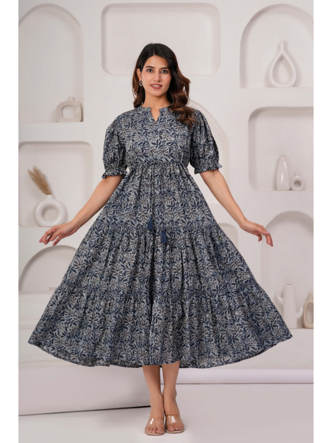 Grey Floral Printed Flared Dress