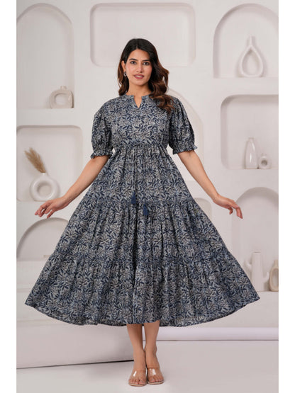 Grey Floral Printed Flared Dress