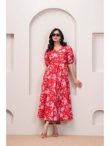 Red Floral Printed Flared Dress