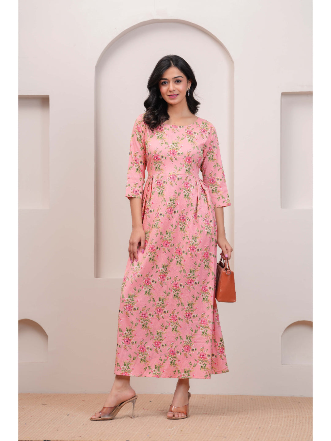 Peach Floral Printed Flared Dress