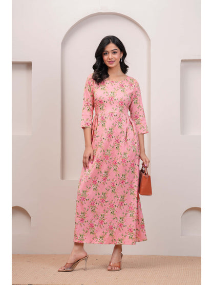 Peach Floral Printed Flared Dress