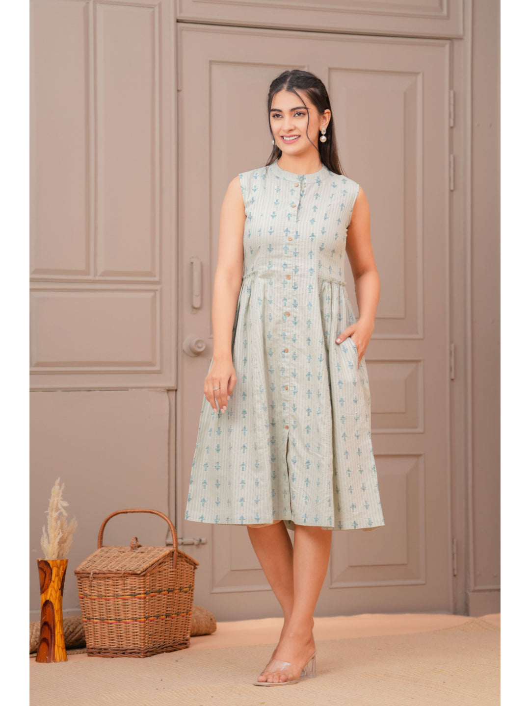 Sage Green Ethnic Printed Flared Dress