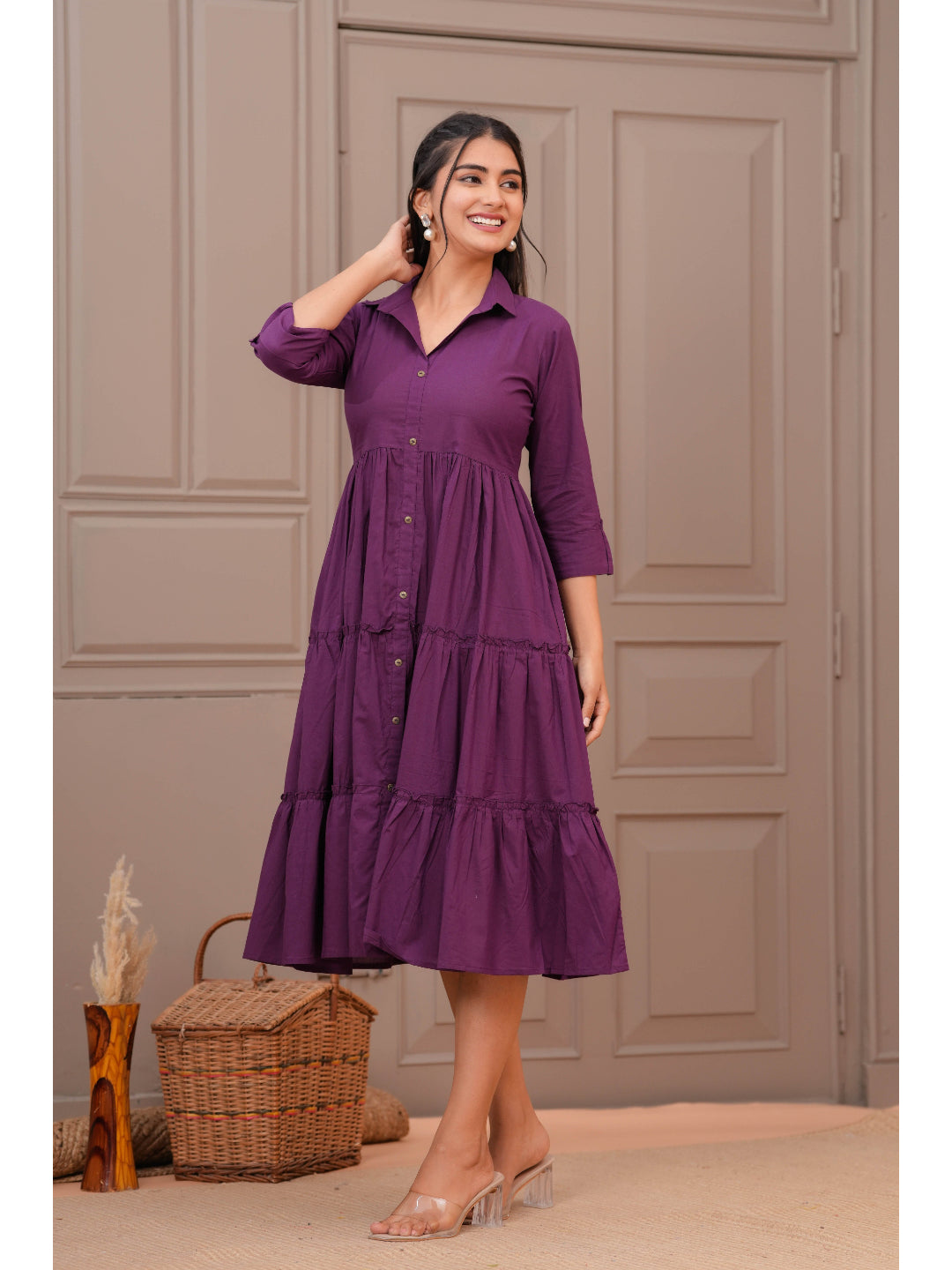 Purple Shirt Collar Casual Wear Dress